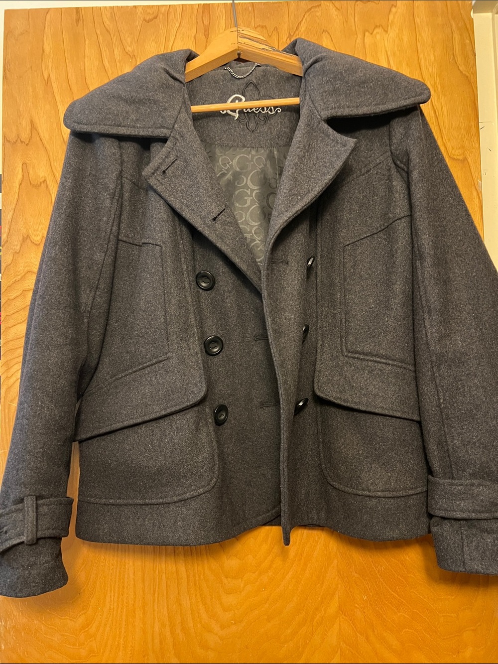 Guess Dark Gray Wool Double-Breasted Peacoat
